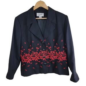 SCAASI Floral Embroidery Blazer Womens Black size 10 Four Button Vintage